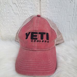 Yeti Coolers Hat SnapBack Brick Red Beige Mesh Trucker Adjustable